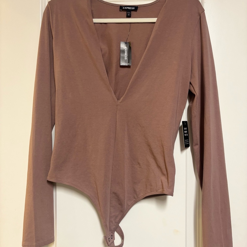 Express Long Sleeve Deep V-Neck Bodysuit Taupe/mauve  (Size M)